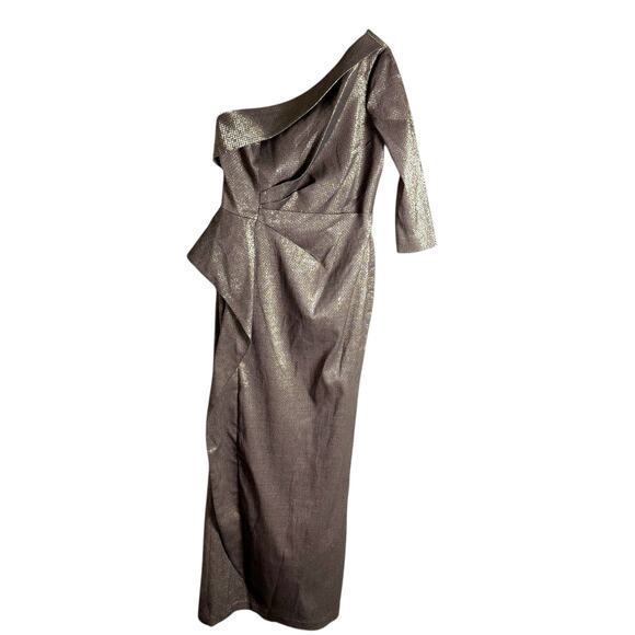 Rickie Freeman Teri Jon Bronze One Shoulder Jacquard Peplum Formal Gown 16 - Picture 4 of 13